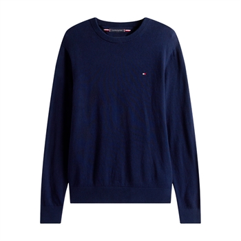 Lækker navy crew neck strik i materialet casmereuld og bomuld fra Tommy Hilfiger