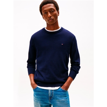 Lækker navy crew neck strik i materialet casmereuld og bomuld fra Tommy Hilfiger