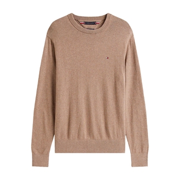 Lækker beige crew neck strik i materialet casmereuld og bomuld fra Tommy Hilfiger