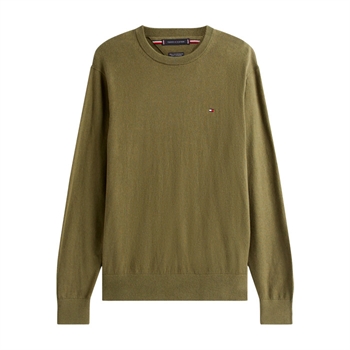 Lækker mørkegrøn crew neck strik i materialet casmereuld og bomuld fra Tommy Hilfiger