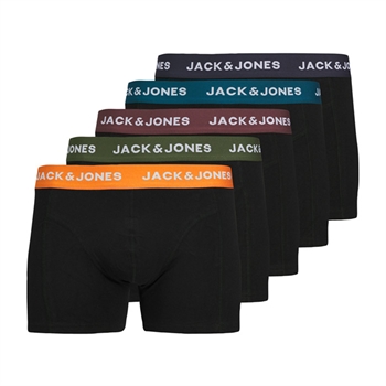 5-Pak sorte bomuld trunks fra Jack & Jones med forskellig farvet elastikbånd
