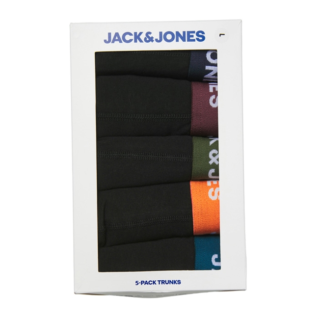 5-Pak sorte bomuld trunks fra Jack & Jones med forskellig farvet elastikbånd