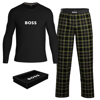BOSS Pyjamas sæt med sort trøje og sort/gul ternede bukser